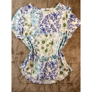 Blue Sol Petite Lora Floral Patchwork Short Sleeve Top Blue Green Size L